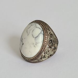 Vintage Boho Chunky Unisex White Howlite Filigree Silver Costume Statement Ring